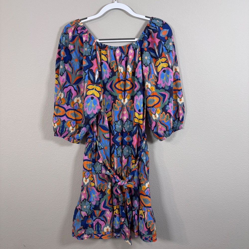 Marine Layer Nadia Belted Mini Dress Talavera Blue Floral Puff Sleeve Medium NWT - Picture 3 of 6